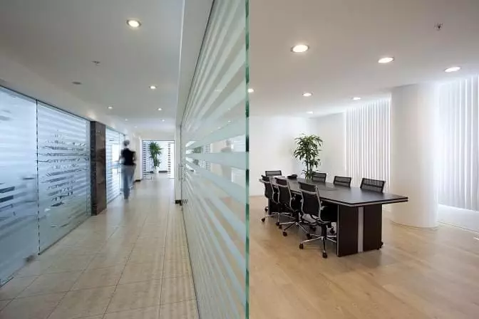 office room Office conference room with decorative striped window film.
