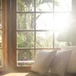 Living room with sofa next to a sunny window.