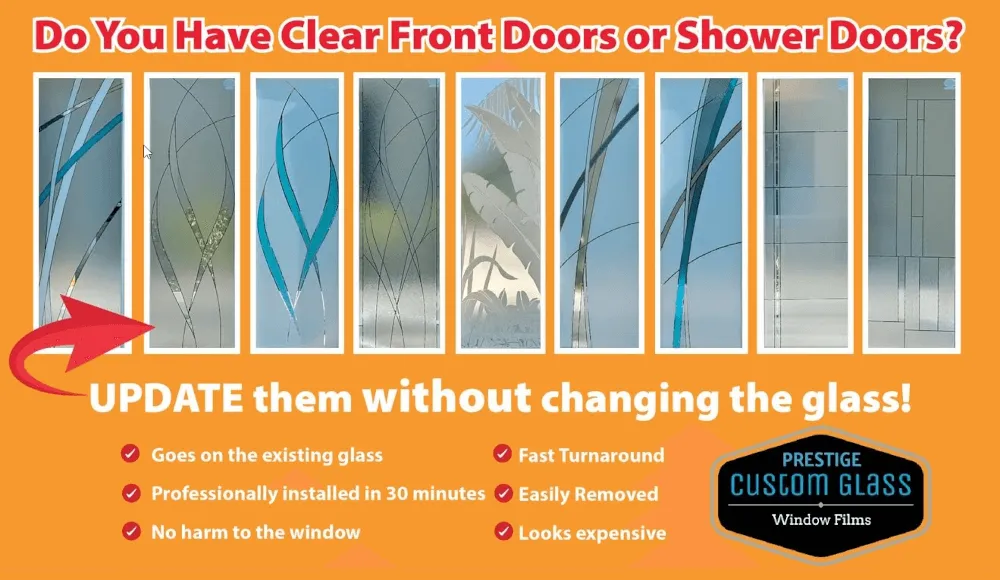 A series of decorative glass door panels are shown with text promoting custom window film or window tint as stylish alternatives to replacing clear front or shower doors.